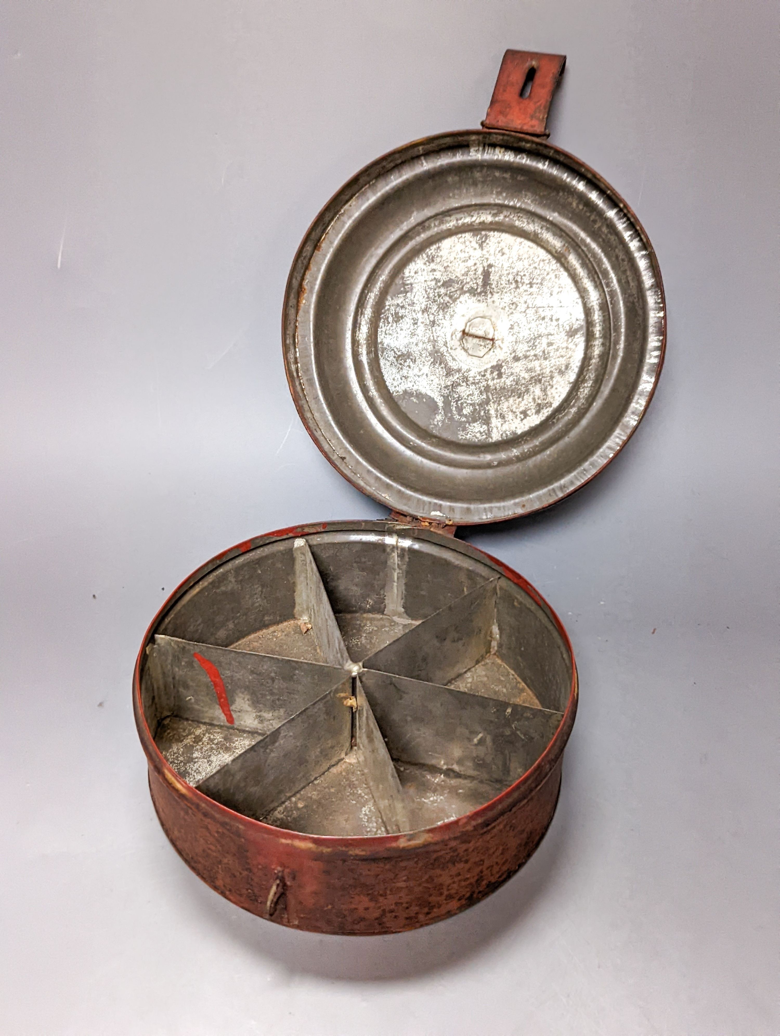 Two toleware spice box and cover and a reproduction compartmental spice box 22cm